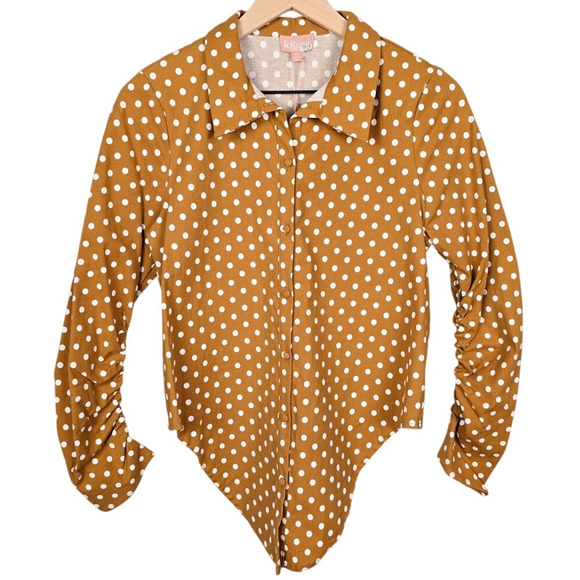Le Rumi Sonia Top Sz S | Mustard Polka Dot Cropped Blouse w/Front Tie - Picture 2 of 4